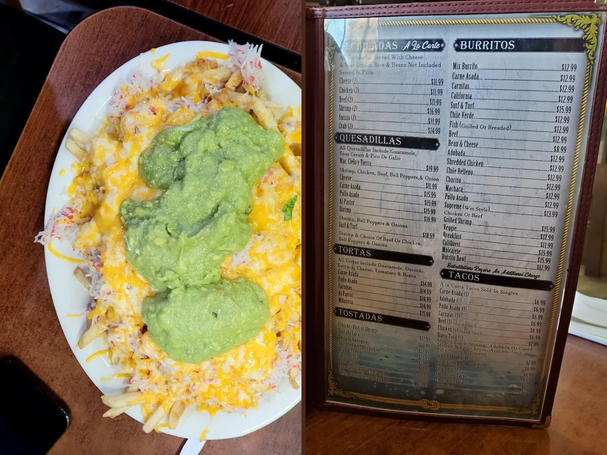 Colorful plates of seafood and Mexican dishes