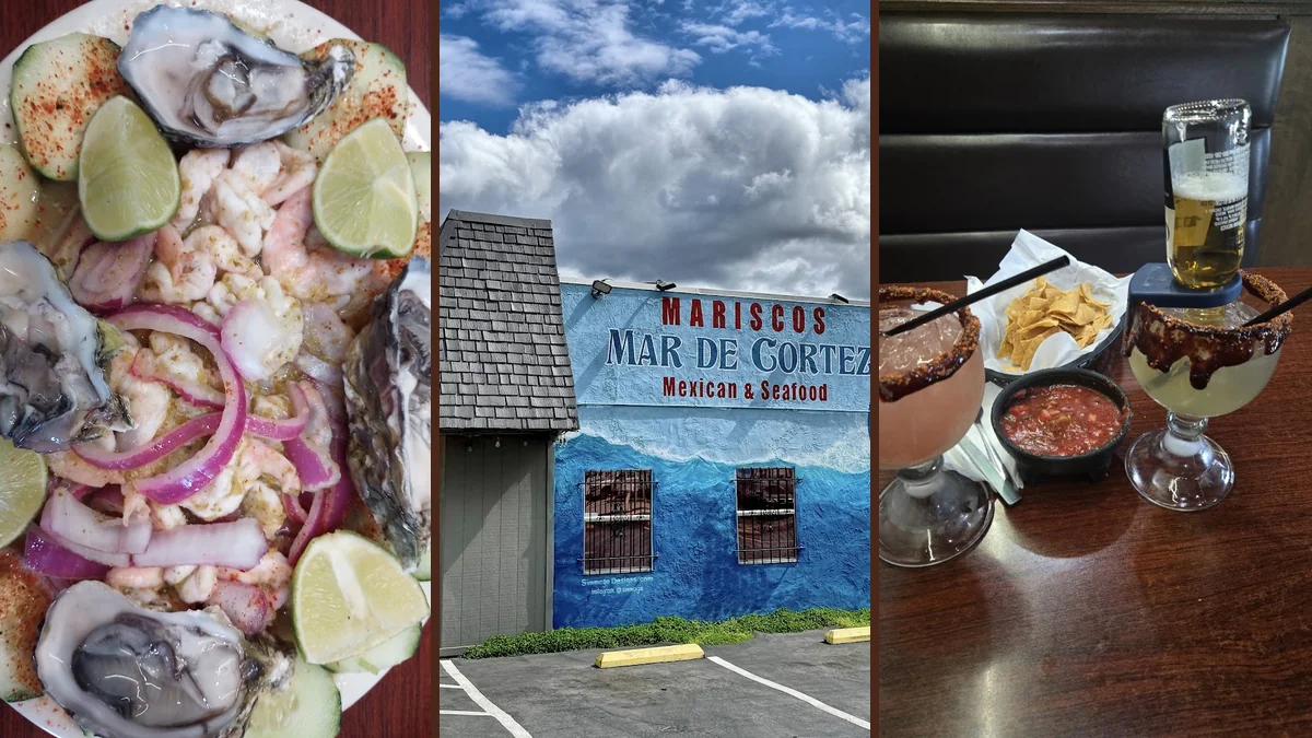 Colorful plates of seafood and Mexican dishes