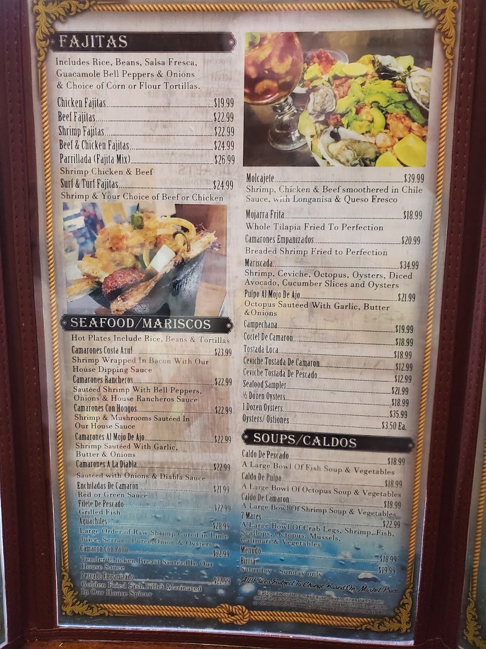 Printed menu with breakfast burritos and enchiladas