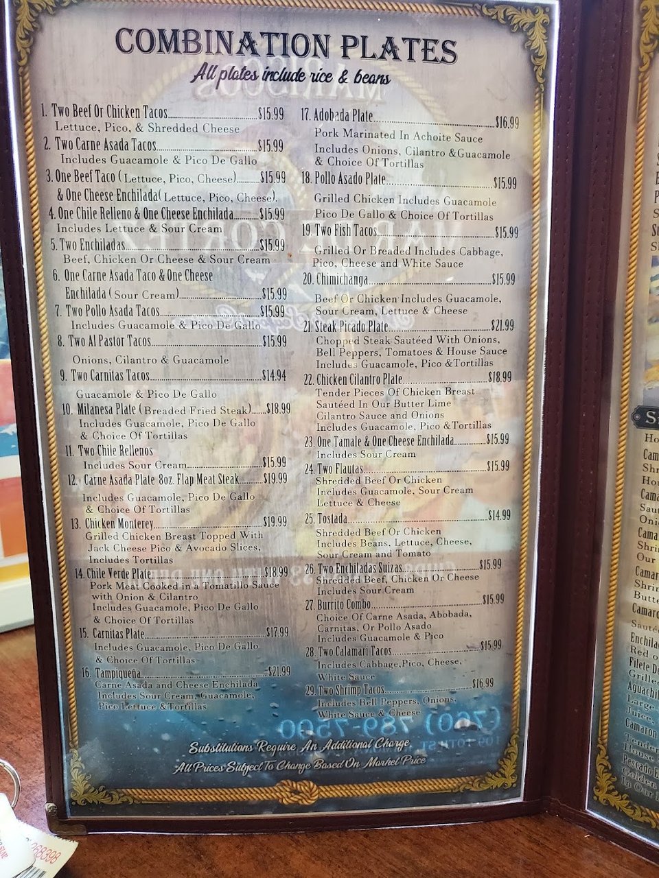 Menu page showing burritos and omelets